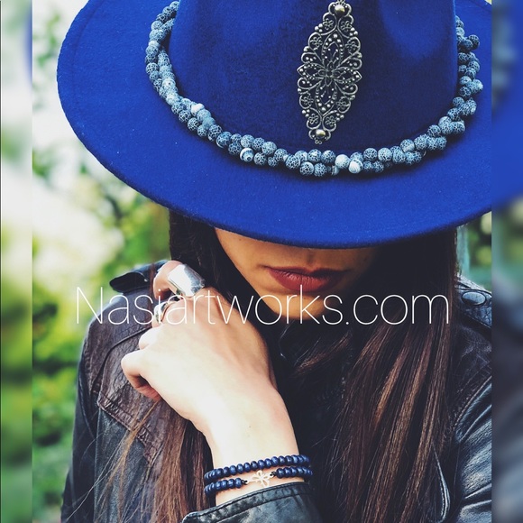 Blue Fedora Hat with Matte Crackle Agate Stone main image 4